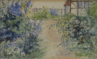 M Preston, watercolour signed, country garden 11cm x 18cm 
