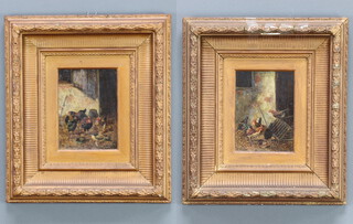 E Victor, oils on canvas a pair, signed, studies of chicken in a farmyard 19cm x 14cm 