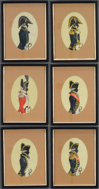 A set of 6 early 20th Century oval silhouette miniatures of soldiers 16cm x 11cm 
