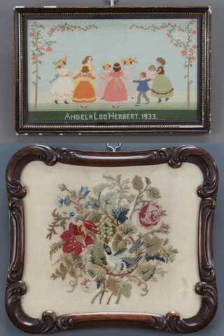 A Victorian rosewood pole screen panel with floral woolwork embroidery 31cm x 36cm together with a sampler by Angeal Loo Herbert 1933 of children dancing 17cm x 27cm 