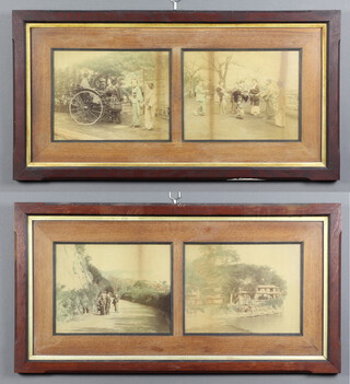 Four photographs, framed as two pairs, early 20th Century Japanese studies of figures at pursuits in buildings, each 20cm x 25cm  