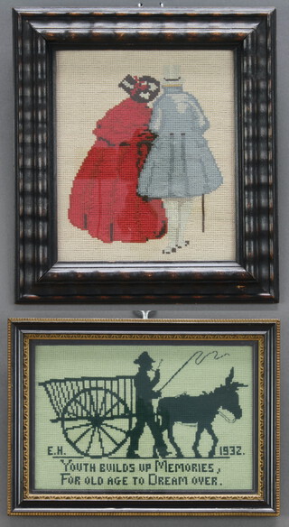 A silhouette sampler - Youth builds up memories for old age to dream over, E H 1932 14cm x 21cm and another of a 19th Century couple 20cm x 16cm