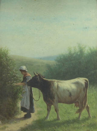 William Frederick Hulk (1852-1906), oil on board signed, study of a milkmaid and cow in an extensive landscape 29cm x 22cm 