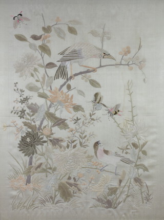 Early 20th Century Chinese silk work embroidery of birds and insects amongst flowers 62cm x 46cm 