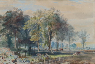 A 19th Century watercolour unsigned, study of cattle beneath trees and distant church 32cm x 46cm 