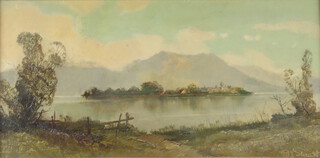 P J Stuart, oil on board, lake scene with distant mountains 19cm x 39cm 