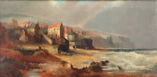 Kay Short, oil on canvas, Coastal scene with figures and buildings 44cm x 89cm