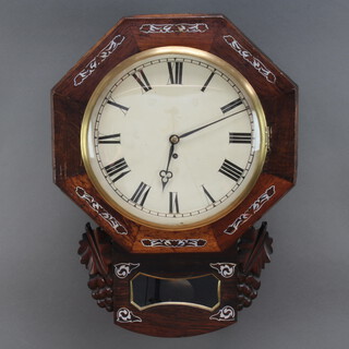 A wire driven drop dial fusee timepiece with 11.5cm back plate, 30cm painted dial with Roman numerals, contained in an octagonal and inlaid mother of pearl rosewood case with spun brass bezel complete with pendulum, no key  60cm x 44cm x 12cm d 