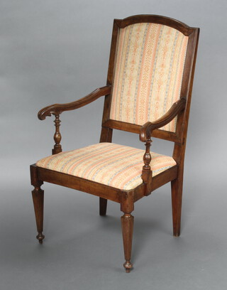 An 18th/19th Century Italian walnut showframe open arm chair, the seat and back upholstered in orange, blue and gold material, raised on square tapered supports 104cm h x 60cm w x 50cm d (seat 31cm x 30cm) 