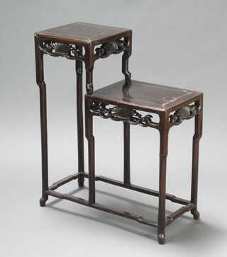 An Oriental rectangular hardwood 2 tier jardiniere stand, raised on shaped outswept supports 87cm h x 72cm w x 32cm  