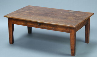 An 18th/19th Century French fruitwood table fitted a drawer (cut down to a coffee table), raised on square supports 48cm h x 123cm w x 76cm d 