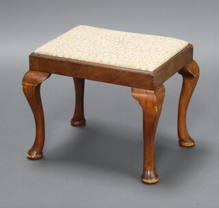 A Queen Anne style rectangular beech dressing table stool with upholstered drop in seat raised on cabriole supports 41cm h x 52cm w x 40cm d 