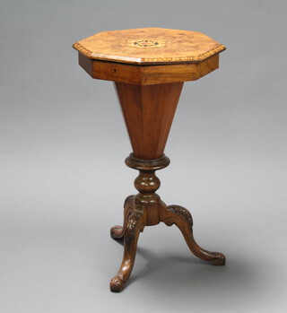 A Victorian inlaid figured walnut work box of conical form, raised on pillar and tripod base 71cm h x 43cm w x 41cm d 