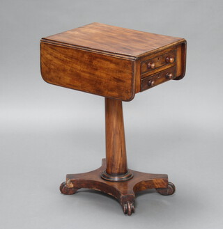 A William IV pedestal drop flap work table fitted 2 drawers, raised on a turned column and triform base with scroll feet 69cm h x 48cm w x 36cm when closed x 69cm when open 