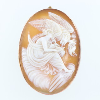 A 9ct yellow gold mounted oval cameo brooch decorated a lady with an eagle, 5cm x 3.5cm, 
