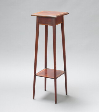 An Edwardian square inlaid mahogany 2 tier jardiniere stand raised on square tapered supports 91cm h x 29cm w x 29cm d 