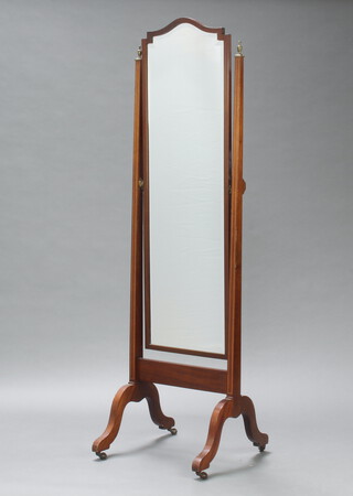 An Edwardian arched bevelled plate cheval mirror contained in an inlaid mahogany frame 164cm h x 50cm w x 47cm 
