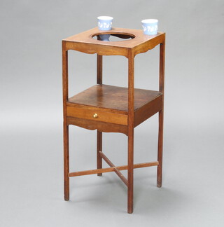 A 19th Century bleached mahogany square 2 tier wash stand, the upper section with 3 bowl receptacles, base fitted a drawer, raised on square tapered supports with H framed stretcher 77cm h x 35cm w x 35cm d 