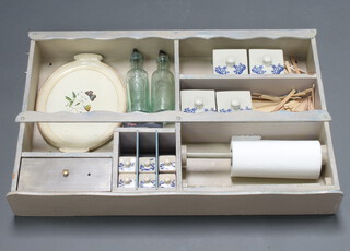 A grey painted kitchen wall unit, fitted a drawer and shelves with blue and white storage jars 53cm h x 83cm w x 13cm d 