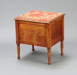 A square beech framed stool with hinged lid, raised on turned supports 45cm h x 41cm w x 39cm d 