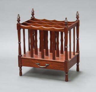 A Victorian style mahogany 3 division Canterbury, the base fitted a drawer 59cm h x 47cm w x 33cm d (water marks in places)