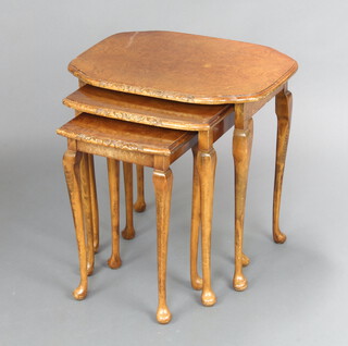 A nest of 3 1950's walnut interfitting coffee table raised on cabriole supports 51cm h x 53cm w x 40cm d (contact marks)