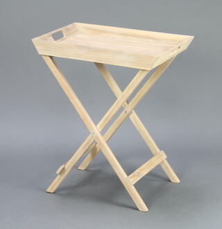 A wooden slatted folding butler's tray and stand 69cm h x 58cm w x 40cm d 