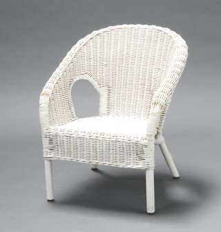 A child's white painted wicker armchair on turned supports 54cm h x 45cm w x 35cm d (seats 26cm x 26cm, some wear to the paint on high points) 