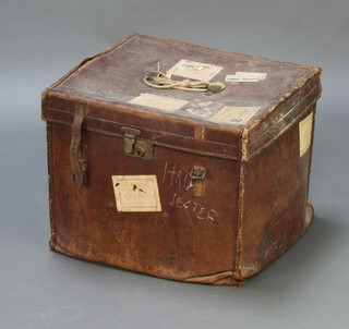 A John Pound & Co., Leadenhall Street, Piccadilly Strand, Regent Street, Tottenham Court Road, leather trunk with hinged lid and 3 Southern Railway labels, 2 marked Three Bridges 39cm h x 51cm w  46cm d (handle a/f)