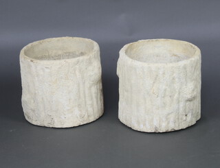 A pair of white painted concrete garden planters in the form of tree stumps 24cm x 27cm 