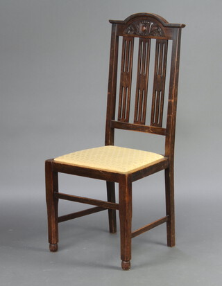 An Edwardian Art Nouveau mahogany stick and rail hall chair with upholstered seat, raised on square supports 110cm h x 48cm w x 40cm d (seat 25cm x 29cm, frame is loose) 