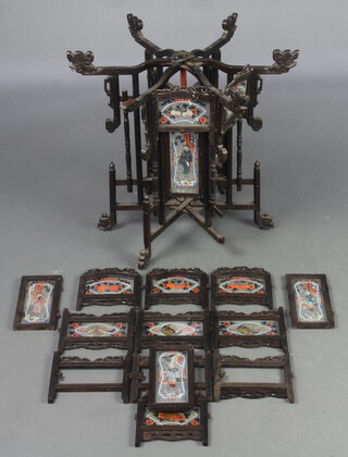 A Chinese carved hardwood and painted glass hanging lantern 42cm h x 50cm w x 50cm (some damage in places)