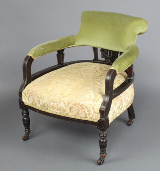 An Edwardian ebonised tub back chair raised on turned supports with floral seat 69cm h x 65cm w x 60cm d (seat 40cm x 45cm) (frame loose, some marks) 