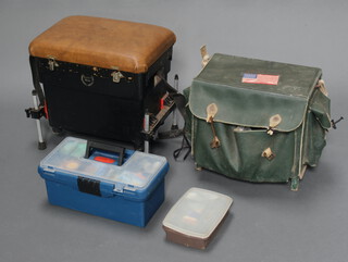 A blue cantilever box containing various fishing tackle and floats and 2 fishing box seats containing fishing tackle 