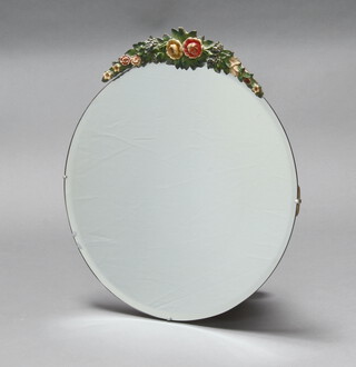 An Atsonea Art Deco bevelled plate circular frameless wall mirror with "Barbola" floral mount 52cm (2 small chips)