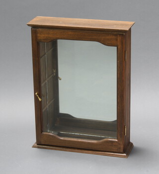 A mahogany wall mounting display cabinet with moulded cornice and mirrored back, enclosed by a panelled door 65cm h x 50cm w (no shelves) 