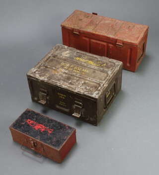 Two metal ammunition boxes with hinged lid 21cm h x 44cm w x 44cm d and 23cm x 54cm,  a red painted metal box with hinged lid 10cm x 30cm x 16m 
