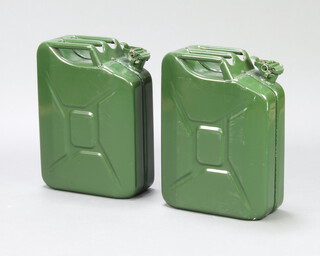 Two metal green painted jerry cans 46cm h x 35cm w x 15cm d 