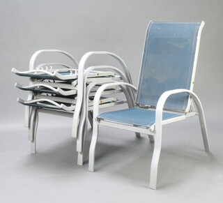 A set of 4 grey painted tubular metal reclining garden chairs with fabric panels 90cm h (some light rust and contact marks in places) 