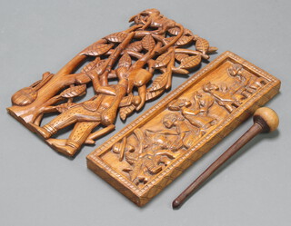 A Nigerian rectangular carved hardwood plaque  decorated figures 20cm x 58cm, a pierced carved plaque depicting hunter 61cm x 30cm and a hardwood knobkerrie 