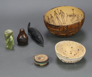 A carved hardstone portrait bust of a gentleman 16cm x 7cm x 5cm, a carved hardwood box in the form of a fish 10cm x 29cm x 5cm, 2 carved bowls and 1 other item 