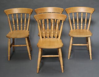 A set of 4 Victorian style beech framed stick and rail back Windsor chairs, raised on turned supports with H framed stretcher 85cm h x 40cm w x 40cm d (some frames are loose)
