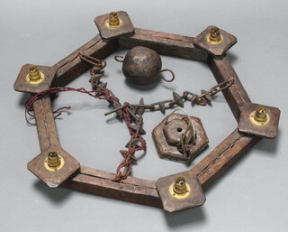 A 1930's oak hexagonal 6 light electrolier 10cm x 57cm  