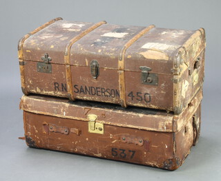 Two fibre bound cabin trunks 30cm h x 90cm w x 54cm d (damage to both) 
