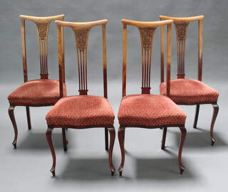 A set of 4 Edwardian bleached mahogany slat and rail back dining chairs with overstuffed seats, on cabriole supports 104cm h x 45cm w x 45cm d (frames loose, sun bleached)