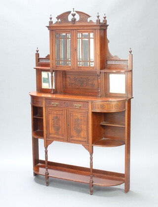 An Edwardian carved walnut chiffonier sideboard with shaped cornice, the raised back fitted a cupboard enclosed by panelled doors and recess, the base a drawer above cupboards flanked by recess and with potboard beneath 195cm h x 120cm w x 35cm d (contact marks)