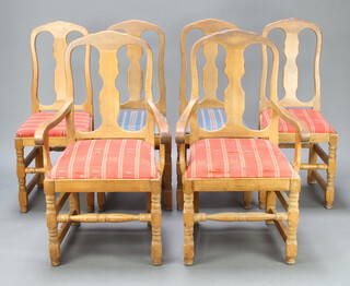 A set of 6 Norwegian pine slat back dining chairs - 2 carvers, 4 standard with upholstered drop in seats, raised on turned and block supports 102cm h x 60cm w x 50cm d (contact marks)