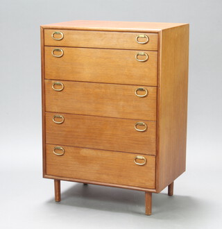Meredew, a mid-Century teak chest of 5 drawers with gilt drop handles raised on shaped supports 98cm h x 68cm w x 45cm d (sun bleached in places)