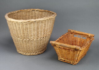 A circular wicker basket 36cm h (signs of old worm) and 1 other basket 18cm h x 39cm w x 23cm