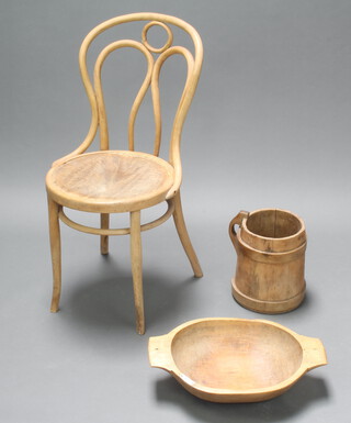 A Thonet style bentwood cafe chair 90cm h x 46cm x 40cm together with a bleached hardwood twin handled bowl 10cm x 52cm x 35cm (old repairs to the side) and a coopered grain measure 28cm x 21cm (signs of old but treated worm in places)